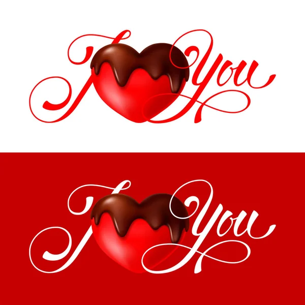 Love You Calligraphy Lettering Heart Glazed Dark Chocolate Design Element — Stock Vector