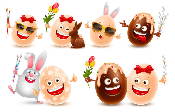 Easter Eggs vector realistic character set. Cute smiling eggs with brushes, flowers, pussy willow twigs, bunny ears, chocolate figure in rabbit shape and bunny. Conceptual design to Easter holidays.