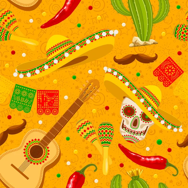 Cinco Mayo Бесшовный Рисунок Традиционным Мексиканским Сомбреро Перфорированные Бумажные Флаги — стоковый вектор