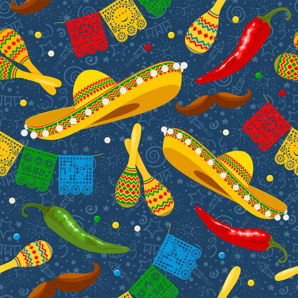 Cinco Mayo Бесшовный Рисунок Традиционным Мексиканским Сомбреро Перфорированные Бумажные Флаги — стоковый вектор