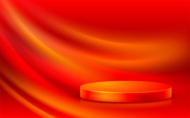 Ürünleri podyumda sergilenen 3D sahne. Ürünler için reklam, sunum ve tanıtım şablonu. Lüks kırmızı arka planda gerçekçi dairesel kaide. Vektör illüstrasyonu.