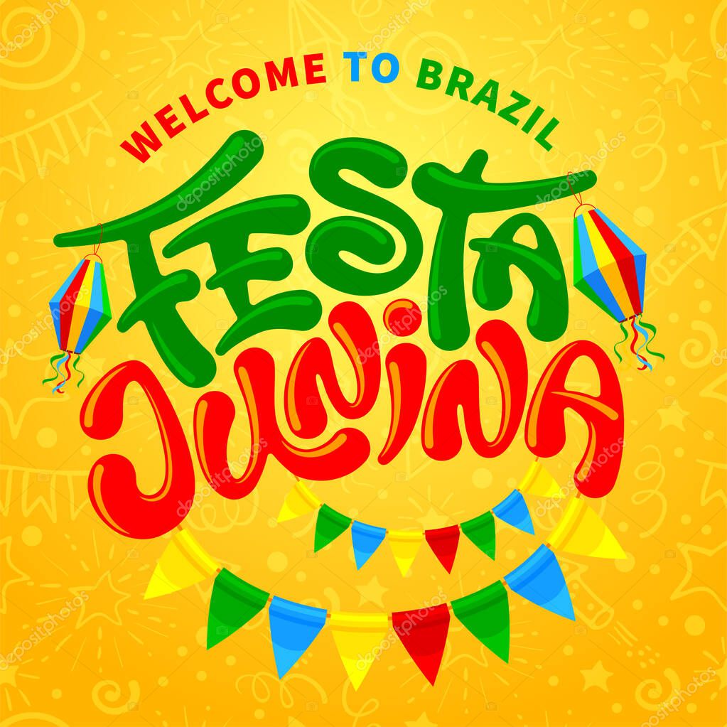 Festa Junina Brazil Festival. Folklore holiday. Festa Junina calligraphy lettering with colorful flags garlands and traditional paper lantern on yellow background. Vector illustration.