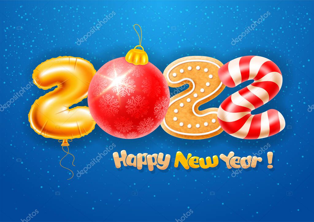 Christmas 2022 Candy ✓ Merry Christmas And Happy New Year 2022 Greeting With Digits 2022 Which  Are Made Of Golden Foil Balloon, Red Christmas Ball, Gingerbread, Candy  Cane. Blue Snowy Background. Vector Illustration. Premium Vector