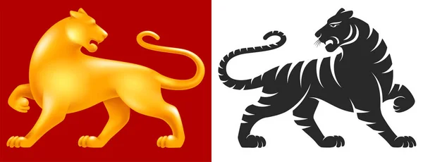 2022 새해의 황도대의 상징인 호랑이 세트는 실루엣 금형으로 그려져 빨간색 — 스톡 벡터