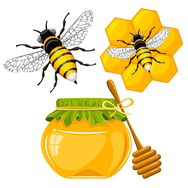 Set Cartoon Bee Honingraat Honingpot Met Stoffen Deksel Houten Stokje — Stockvector