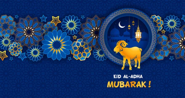무바라크 이슬람 축제인 이드알아다 Eid Adha 이슬람 사원의 실루엣 초생달 — 스톡 벡터