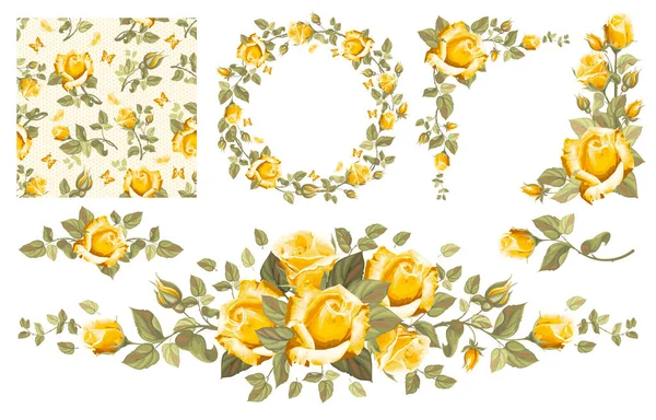 Sada Vinobraní Květinových Designových Prvků Žlutými Růžemi Poupaty Listy Kruhový — Stockový vektor