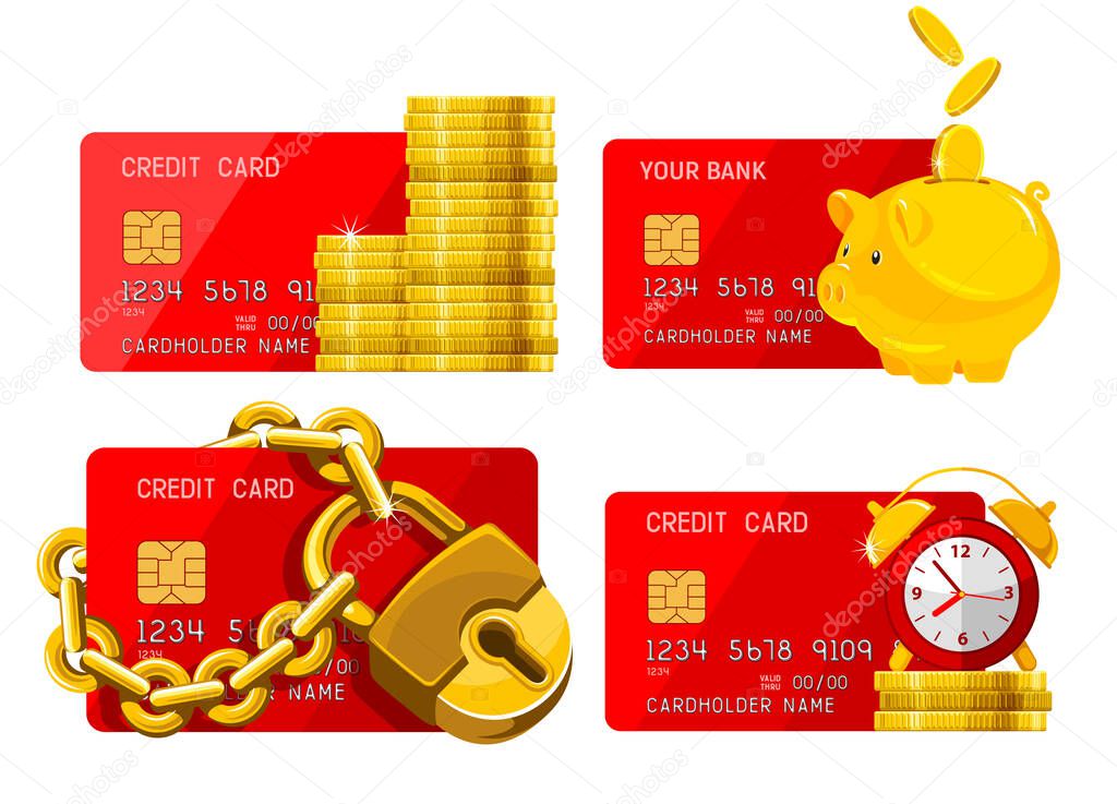 Set on finance and banking theme with chipped credit card, bunch of golden coins, padlock, piggy bank and alarm clock. Concepts of wealth, savings money, receiving a cash back. Vector illustration.