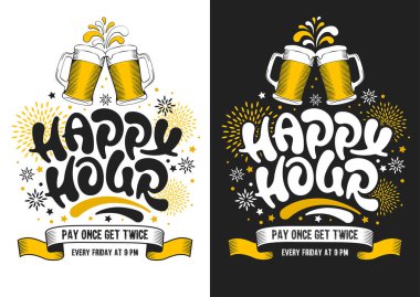 Happy Hour. Poster template with unusual hand drawn calligraphy lettering for catering establishments advertisement. Vector illustration. vector Happy Hour. Poster template with unusual hand drawn calligraphy lettering for catering establishments advertisement. Vector illustration. vector