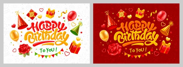 Feliz Aniversário Celebração Cartões Conjunto Caligrafia Incomum Lindas Rosas Vermelhas —  Vetores de Stock
