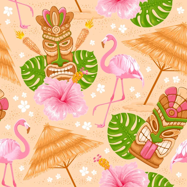 Tropical Summer Paradise Beach Seamless Pattern Tiki Mask Monstera Leaves — Διανυσματικό Αρχείο