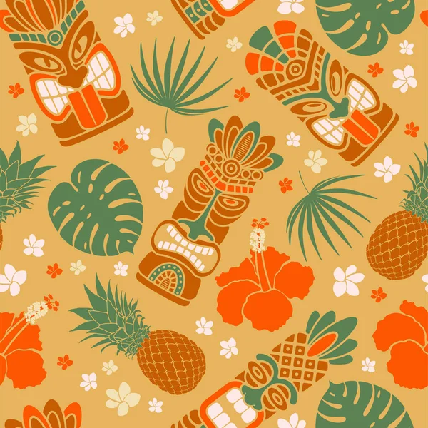 Tropical Summer Paradise Beach Seamless Pattern Tiki Mask Monstera Leaves — Διανυσματικό Αρχείο