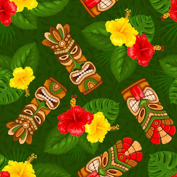 Tropical Summer Paradise Beach Seamless Color Pattern Tiki Mask Hibiscus — Stock vektor