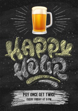 Happy Hour. Poster template with beer mug and unusual hand drawn chalk calligraphy lettering for catering establishments advertisement. Black blackboard on background. Vector illustration. vector Happy Hour. Poster template with beer mug and unusual hand drawn chalk calligraphy lettering for catering establishments advertisement. Black blackboard on background. Vector illustration. vector