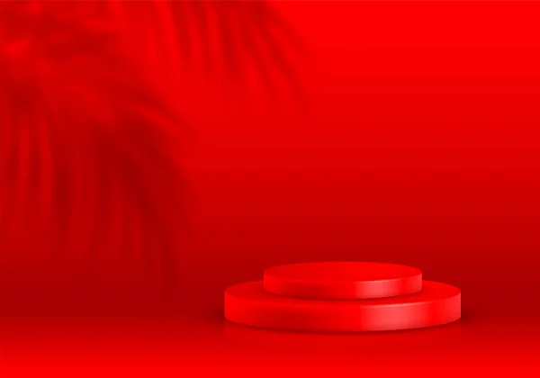 3D场景与产品展示平台 演示和促销模板 现实的圆形基座 红色背景 热带树叶的阴影 矢量说明 — 图库矢量图片