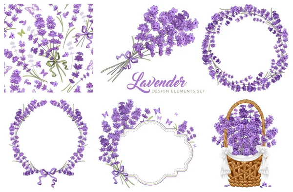 Conjunto Elementos Diseño Floral Vintage Con Flores Lavanda Marco Circular — Vector de stock