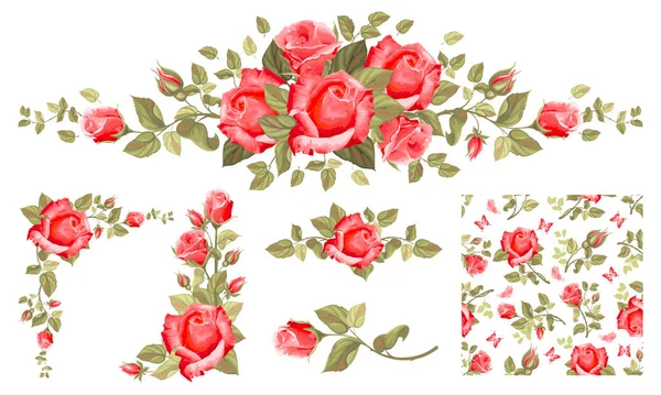 Conjunto Elementos Diseño Floral Vintage Con Rosas Rojas Brotes Hojas — Archivo Imágenes Vectoriales