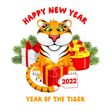 Mutlu yıllar 2022, komik çizgili kaplan yavrusu ve hediye kutularıyla kaplan kutlaması tasarımı yılı. Vektör illüstrasyonu.