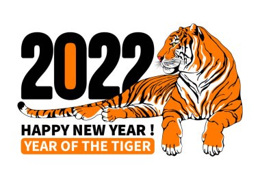 Yeni yıl 2022 'niz kutlu olsun. Yıl başı rakamlarının yanında grafik kaplan var. Beyaz arka planda izole edilmiş. Tüm kutlama tasarımları için 2022 yılının yaratıcı amblemi. Vektör illüstrasyonu.