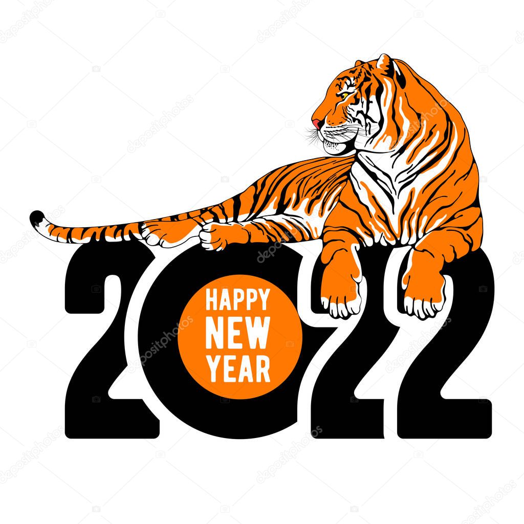 Happy New Year 2022 festive design with graphic tiger lying on year digits. Isolated on white background. Creative emblem of New 2022 Year for any celebration designs. Vector illustration.