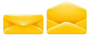 Posta sarısı açık ve kapalı zarf 3D minimalist tarzda. Parlak ve dışbükey posta simgesi beyaz arkaplanda izole edildi. Vektör illüstrasyonu.