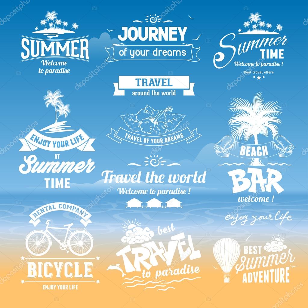 Set of hand drawn design elements for Summer calligraphic compositions. Vintage style. Best for Summer holidays, travel advertising, tropical paradise, sea, sunshine, weekend tour, beach vacation, adventure labels. Vector illustration.