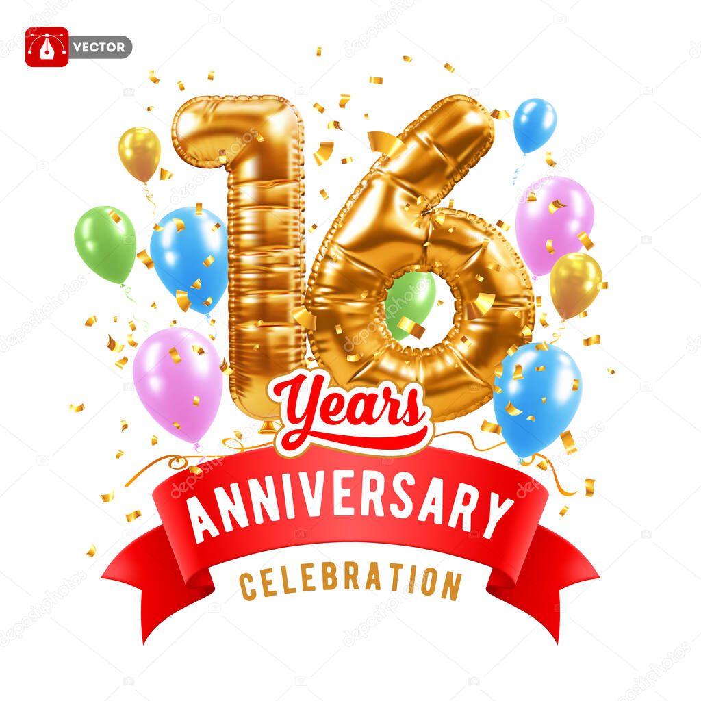 16 Anniversary. Sixteen years birthday celebration. 3D realistic golden balloons shaped number 16, and red ribbon with text. Greeting template for jubilee, gala event. Isolated Vector Illustration