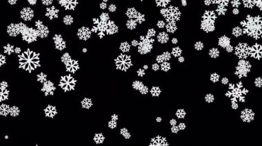 Kış, Noel ve yeni yıl kar yağışı. Düşen kar animasyonu. Kar yağışı örtüsü. 4k çözünürlük, alfa kanallı şeffaf arkaplan. Büyük ve küçük kar taneleri kıvrılıp düşüyor.