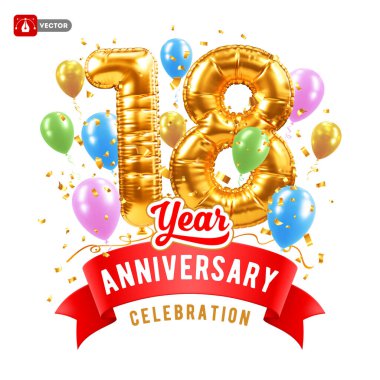 18. yıldönümü, 18. doğum günü kutlaması. 3D altın balon şekilli 18 numara, konfeti ve kırmızı kurdele yazılı, izole edilmiş. Jübile şablonu, gala etkinliği. Vektör illüstrasyonu