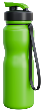 Siyah kapaklı ve kayışlı modern yeşil, yeniden kullanılabilir spor su şişesi. Fitness, antrenman, spor konsepti, spor malzemeleri, sağlıklı yaşam tarzı görüntüsü. Şeffaf png illüstrasyonu