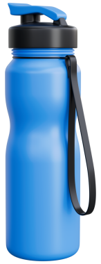 Siyah kapaklı ve kayışlı modern mavi yeniden kullanılabilir spor su şişesi. Fitness, antrenman, spor konsepti, spor malzemeleri, sağlıklı yaşam tarzı görüntüsü. Şeffaf png illüstrasyonu