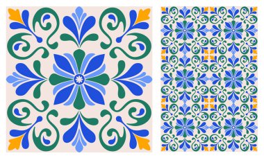 Akdeniz azulejo mozaik seramiği, kare desenli, çiçek motifli, klasik renklerde. Klasik seramik seramik kaplama. Çiçekli Arabesk süsü. Vektör illüstrasyonu