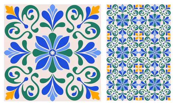 Akdeniz azulejo mozaik seramiği, kare desenli, çiçek motifli, klasik renklerde. Klasik seramik seramik kaplama. Çiçekli Arabesk süsü. Vektör illüstrasyonu