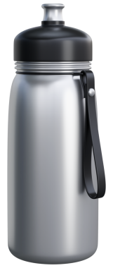 Siyah kapaklı ve kayışlı modern gümüş yeniden kullanılabilir spor su şişesi. Fitness, antrenman, spor konsepti, spor malzemeleri, sağlıklı yaşam tarzı görüntüsü. Şeffaf png illüstrasyonu