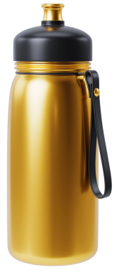 Siyah kapaklı ve kayışlı, yeniden kullanılabilir altın su şişesi. Fitness, antrenman, spor konsepti, altın spor ekipmanları, sağlıklı yaşam tarzı konsepti. Şeffaf png illüstrasyonu