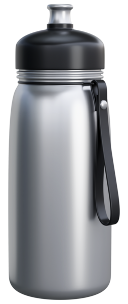 Siyah kapaklı ve kayışlı modern gümüş yeniden kullanılabilir spor su şişesi. Fitness, antrenman, spor konsepti, spor malzemeleri, sağlıklı yaşam tarzı görüntüsü. Şeffaf png illüstrasyonu