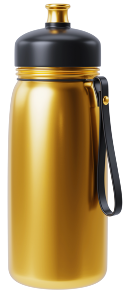 Siyah kapaklı ve kayışlı, yeniden kullanılabilir altın su şişesi. Fitness, antrenman, spor konsepti, altın spor ekipmanları, sağlıklı yaşam tarzı konsepti. Şeffaf png illüstrasyonu
