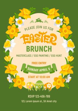 Davetiye için Paskalya Brunch şablonu. Yeşil arka planda beyaz ve sarı nergis çiçekleri, etkinlik programı, tarih ve saat. Paskalya kutlaması için hoş bir tasarım. Vektör illüstrasyonu