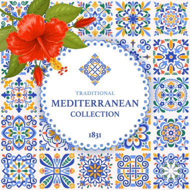 Kare pankart ya da etiket şablonu Azulejo mozaik şablonu, klasik mavi, okher sarısı, yeşil renkler, dalda kırmızı amber çiçeği. Akdeniz, Portekiz geçmişi. Vektör illüstrasyonu