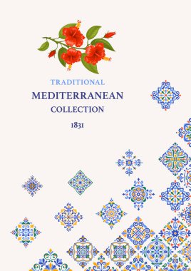 Poster, pankart ya da etiket şablonu Azulejo mozaik şablonu, klasik mavi, yeşil, sarı okher rengi, kırmızı amber çiçeği. Akdeniz geleneksel bağbozumu çiçek motifleri. Vektör illüstrasyonu