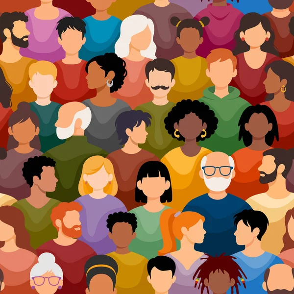 Farklı insanlardan oluşan bir kalabalık. Kusursuz desen, arka plan. Çok kültürlü, çok ırklı bir grup insan. Erkekler, kadınlar, gençler, yaşlılar, farklı saç stilleri, renkli giysileri var. Vektör illüstrasyonu