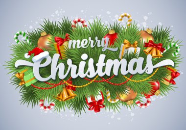 Neşeli Noel yazı kartı çam dalları ile