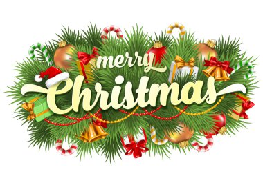Neşeli Noel yazı kartı çam dalları ile