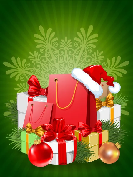 Poster di vendita natalizio con scatole regalo e shopping bag — Vettoriale Stock