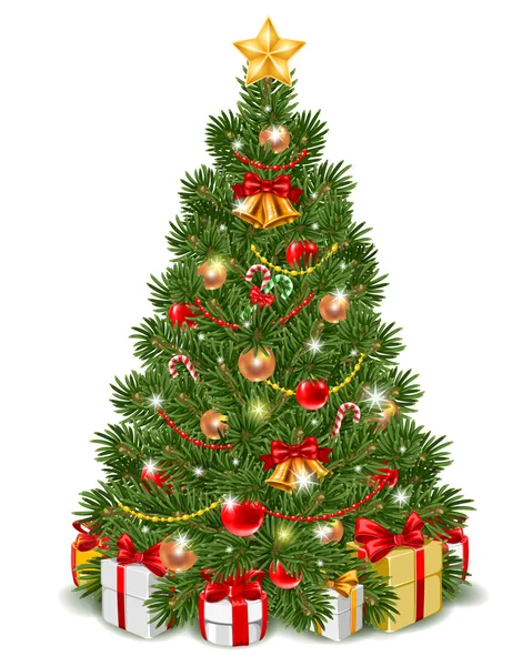 Christmas tree decorated by christmas balls, jingle bells and candy cane — Stock Illustration Christmas tree decorated by christmas balls, jingle bells and candy cane Stock Illustration
