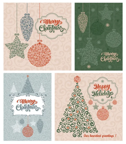 Vintage kézzel rajzolt boldog karácsonyt kártyák beállítása — Stock Vector