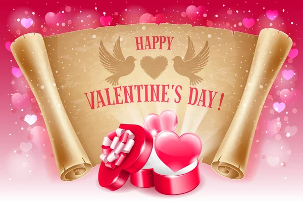 Tarjeta de felicitación del día de San Valentín con dos corazones rojos — Vector de stock