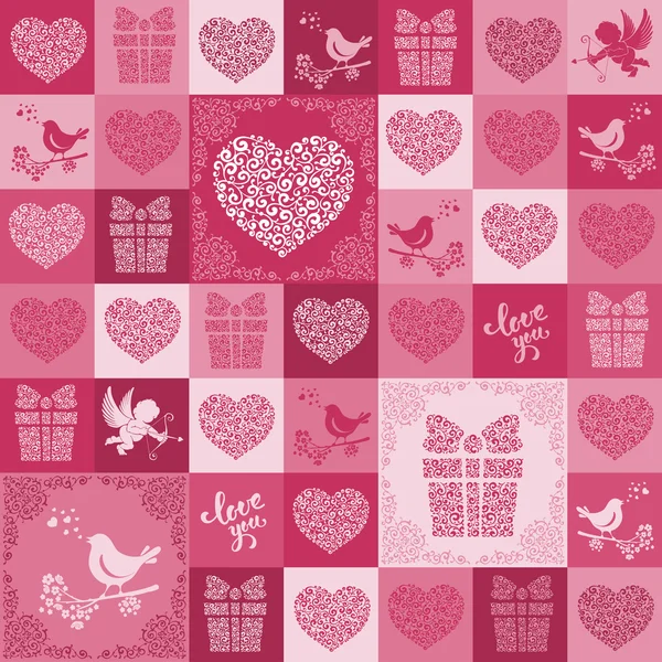 異なるシンボルでバレンタイン シームレス パターン — ストックベクタ