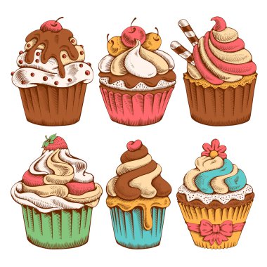 Tatlı bir şekilde dekore edilmiş Cupcakes kümesi