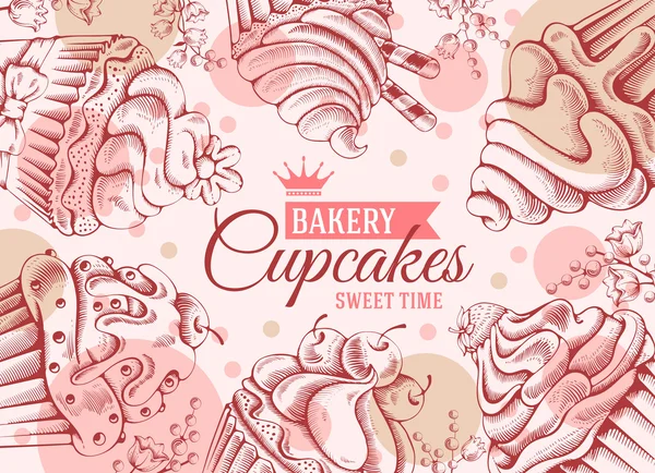 Vintage Card Design with Sweet Decorated Cupcakes — Stock Vector